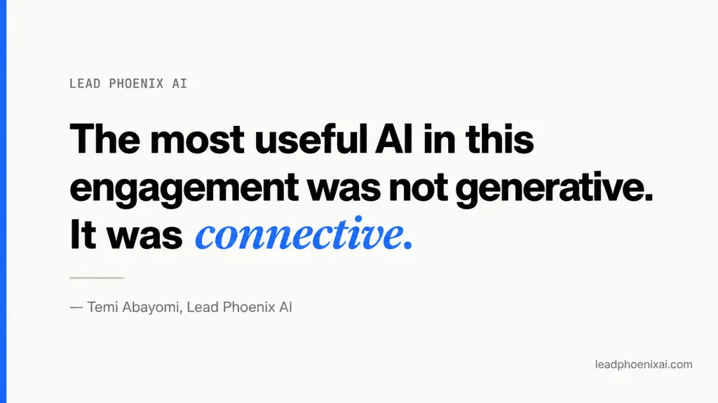 A pull-quote card with generous negative space. Quote in editorial-weight type: 'The most useful AI in this engagement w