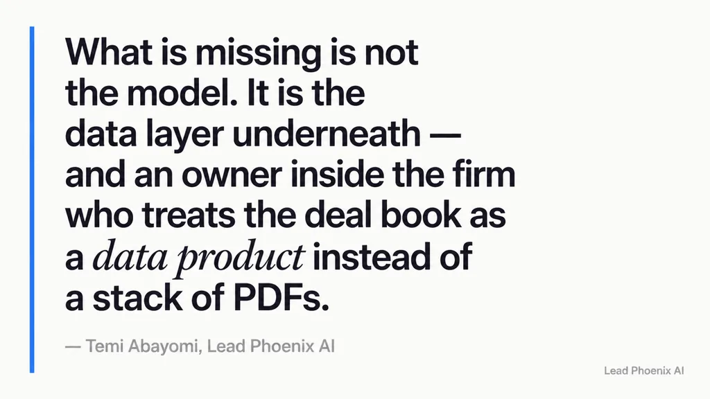 Pull quote in large Instrument Serif italic, white on dark slate: 'What is missing is not the model. It is the data laye