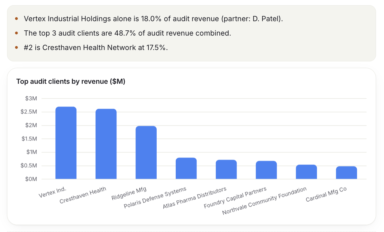 Spot the risk — audit client concentration, top clients by revenue